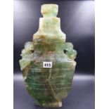 A CHINESE GREEN FLUORITE TWO HANDLED VASE AND COVER CARVED WITH BANDS OF RELIEF DECORATION. H.