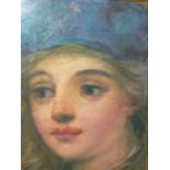 19TH/20TH.C. ENGLISH SCHOOL. PORTRAIT OF A GIRL WEARING A BLUE HAT, SIGNED INDISTINCTLY, OIL ON