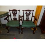 A PAIR OF CARVED MAHOGANY BESPOKE CHIPPENDALE STYLE ARMCHAIRS WITH PIERCED GOTHIC BACKSPLATS,