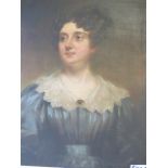 EARLY 19TH.C.ENGLISH SCHOOL. A PORTRAIT OF A YOUNG LADY WEARING A BLUE DRESS, OIL ON CANVAS. 78 X