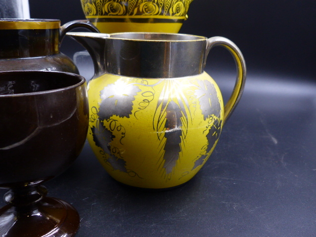 TWO ANTIQUE SILVER LUSTRED YELLOW GROUND JUGS, A BROWN GOBLET AND JUG WITH GILT INITIAL J. - Image 3 of 20