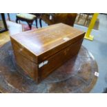 A VICTORIAN OAK INLAID LAP DESK WITH FITTED INTERIOR AND GILT TOOLED LEATHER INSET.