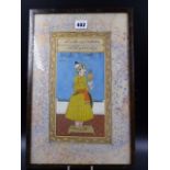 INDO PERSIAN SCHOOL. PORTRAIT OF A STANDING COURTLY FIGURE HOLDING SYMBOLIC OBJECTS. 39 X 24.5CMS.