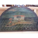 A PAIR OF DECORATIVE CONTINENTAL PRINTED LUNETTE PANELS OF ITALIAN VILLAS AMIDST FORMAL GARDENS. W.