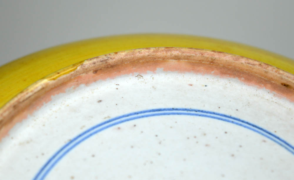 The porcelain dish covered with rich yellow enamel and crackles. Rare blue enamel incised mark on - Image 4 of 6