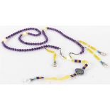 Chinese amethyst necklace with white Beijing glass beads, crystal beads, and small yellow Beijing