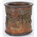 Chinese bamboo brush pot, carved with scholar relaxing under pine tree, 6 3/4"h.
