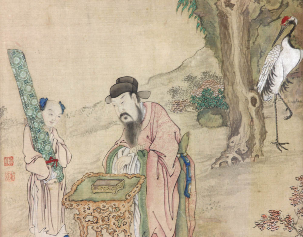 Attributed to Jiao Bingzhen (1689-1726). Framed painting over silk depicts classic scene of - Image 5 of 6