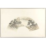 Chinese fan-shaped watercolor painting, view of landscape, signed Fen Chaoran, painting size 20 1/2"