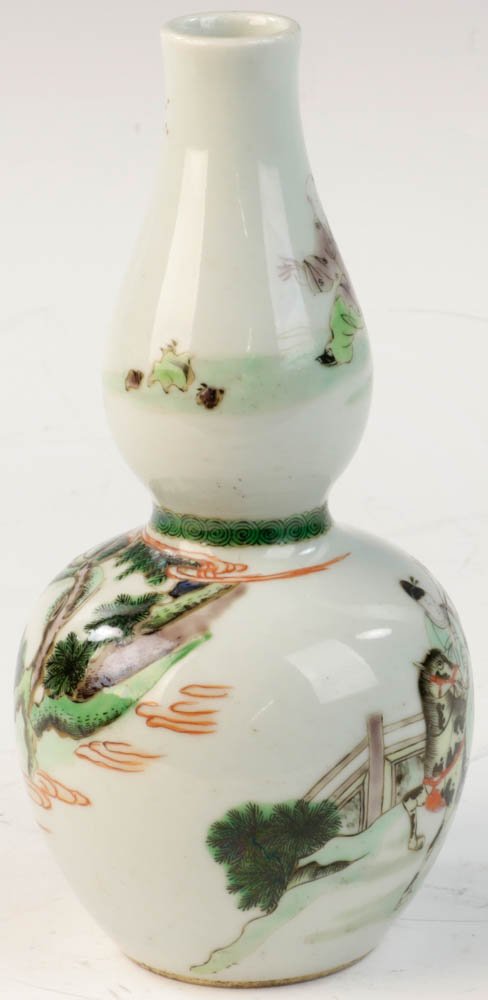 Chinese Famille Verte double-gourd-shaped porcelain vase, Qing Kangxi mark on base, 8" h. From a - Image 5 of 8