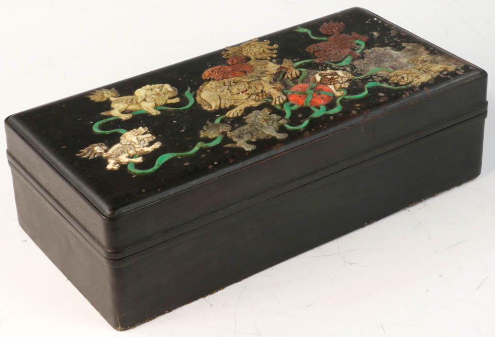 Chinese Zitan box mounted with jade and soapstone figure, 3 1/2" x 12 1/2" x 6 1/8". - Image 3 of 9