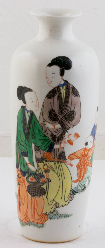 Late 19th C. Famille Verte porcelain vase with Chinese figures, 9 1/2", Qing Dynasty.