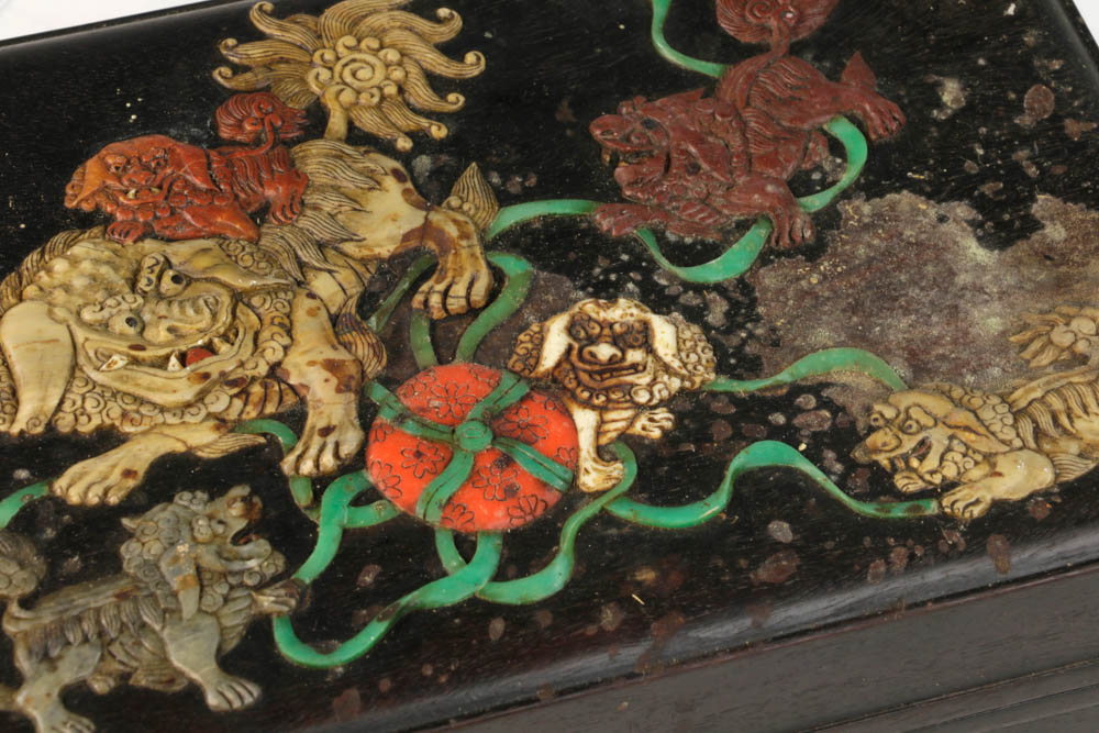 Chinese Zitan box mounted with jade and soapstone figure, 3 1/2" x 12 1/2" x 6 1/8". - Image 7 of 9
