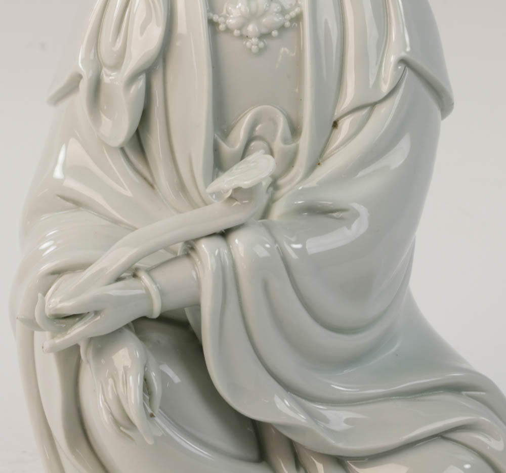 Chinese white porcelain sitting Guanyin figure holding a ruyi, 10 1/2"h. - Image 6 of 7