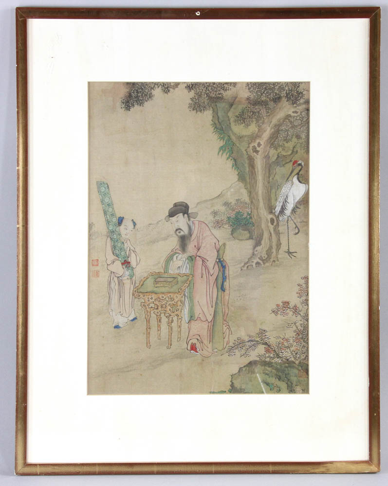 Attributed to Jiao Bingzhen (1689-1726). Framed painting over silk depicts classic scene of