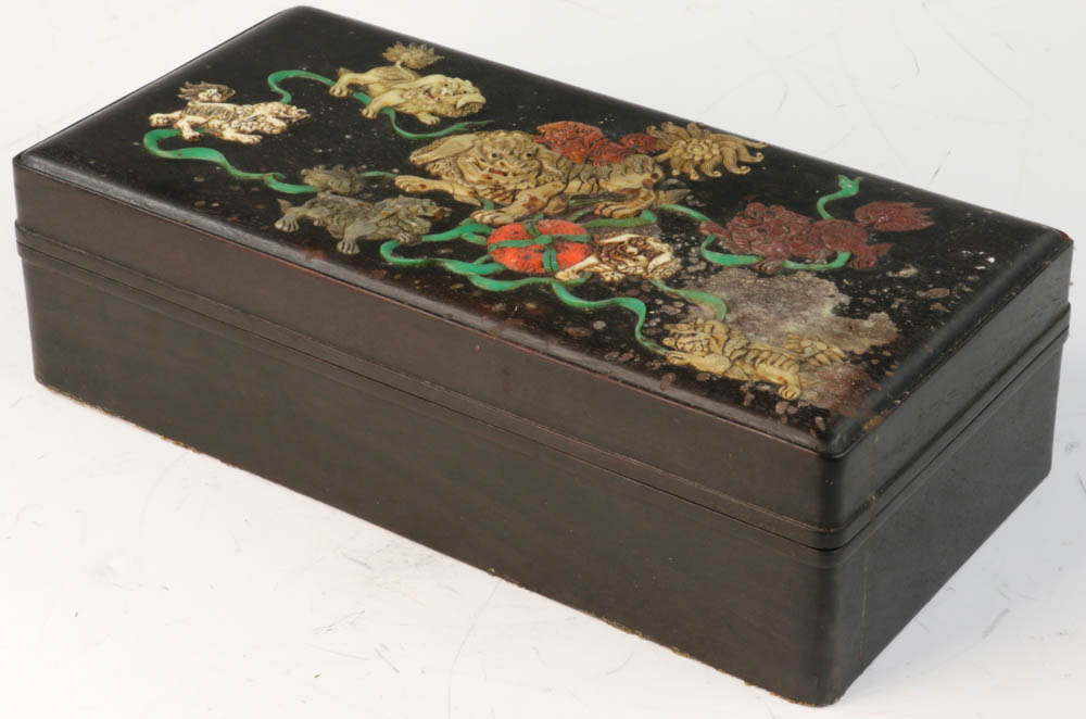 Chinese Zitan box mounted with jade and soapstone figure, 3 1/2" x 12 1/2" x 6 1/8". - Image 2 of 9