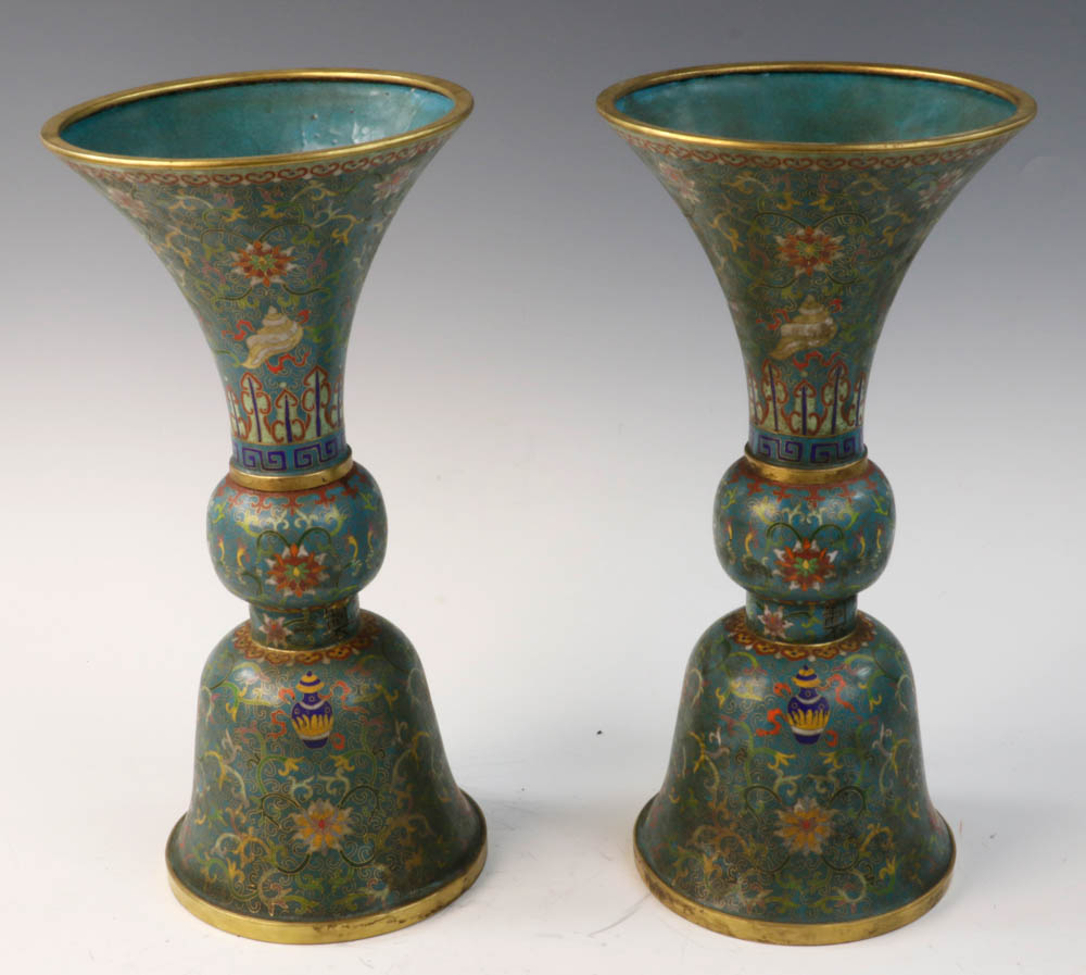 Pair of 19th C. Chinese cloisonne Gu vases with Qianlong mark, 13 1/2"h. - Image 2 of 7