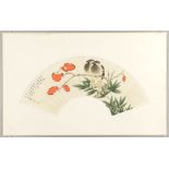 Chinese fan-shaped watercolor painting, flowers and birds, signed Zhang Daqian, painting size 10"