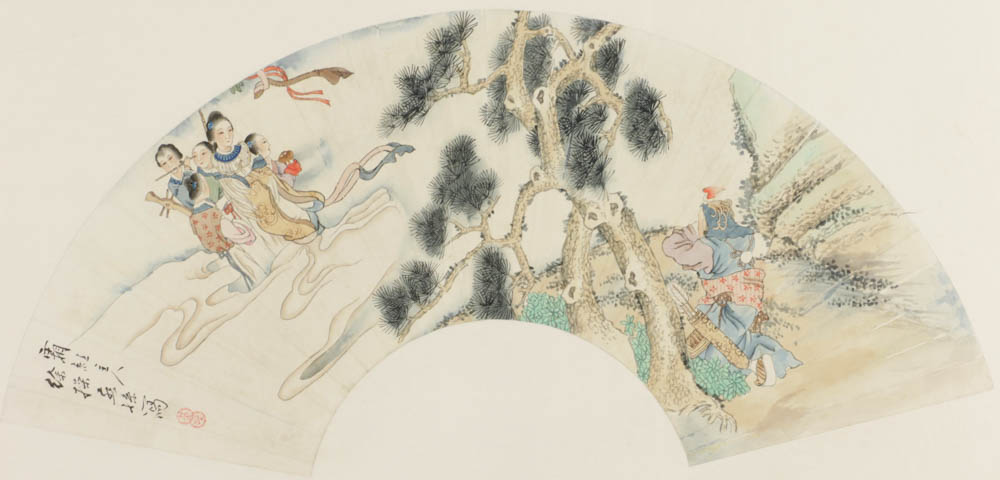 Chinese fan-shaped watercolor painting, Chinese figures design, signed Xu Cao, 10" x 21 1/2". - Image 2 of 6