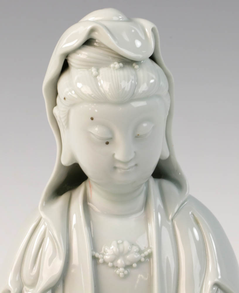 Chinese white porcelain sitting Guanyin figure holding a ruyi, 10 1/2"h. - Image 5 of 7