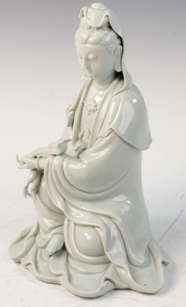 Chinese white porcelain sitting Guanyin figure holding a ruyi, 10 1/2"h. - Image 2 of 7