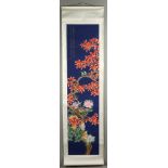 Scroll of Chinese watercolor painting in blue background of Chinese birds and flower design, 72" x