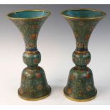 Pair of 19th C. Chinese cloisonne Gu vases with Qianlong mark, 13 1/2"h.