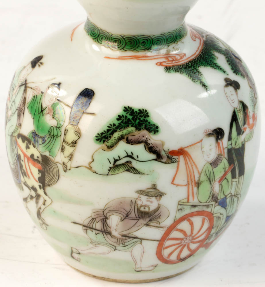 Chinese Famille Verte double-gourd-shaped porcelain vase, Qing Kangxi mark on base, 8" h. From a - Image 7 of 8