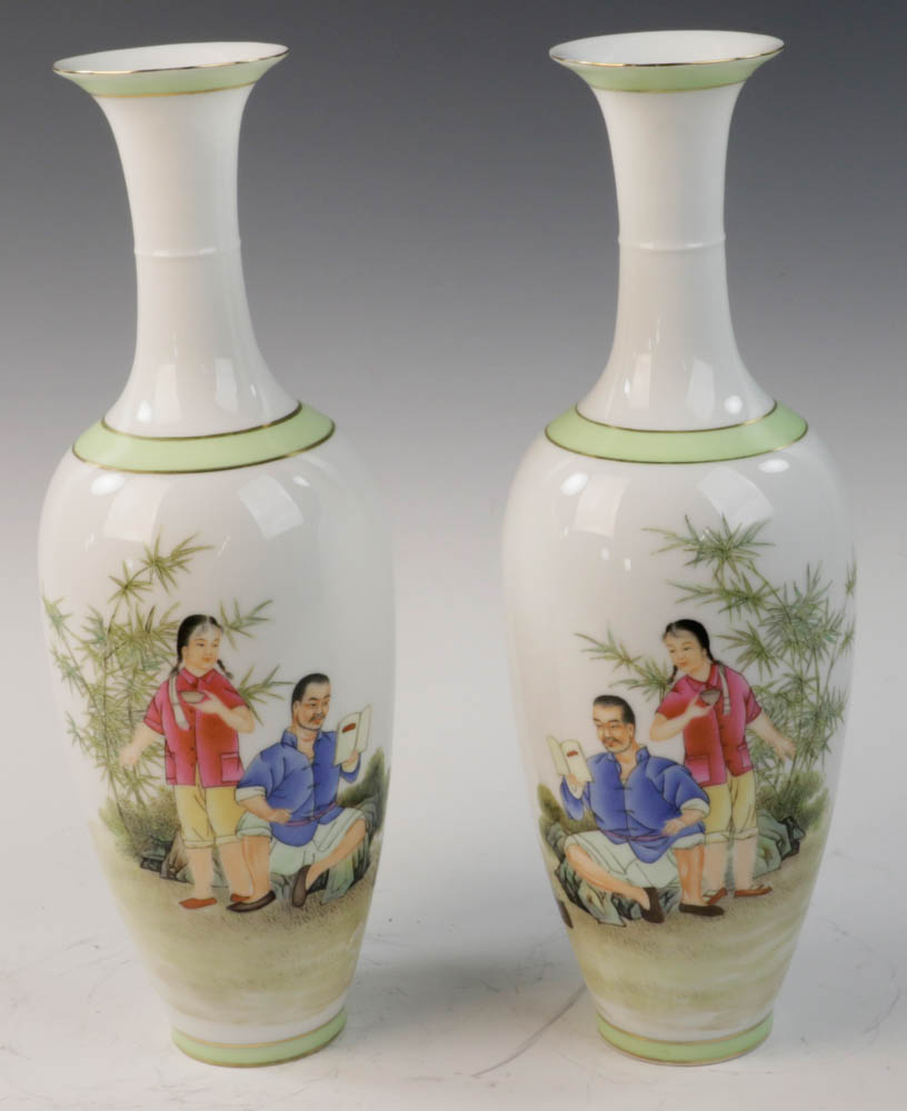 Pair of Chinese eggshell porcelain vases with Chinese figures and red seal mark on base, 14 1/4"h.