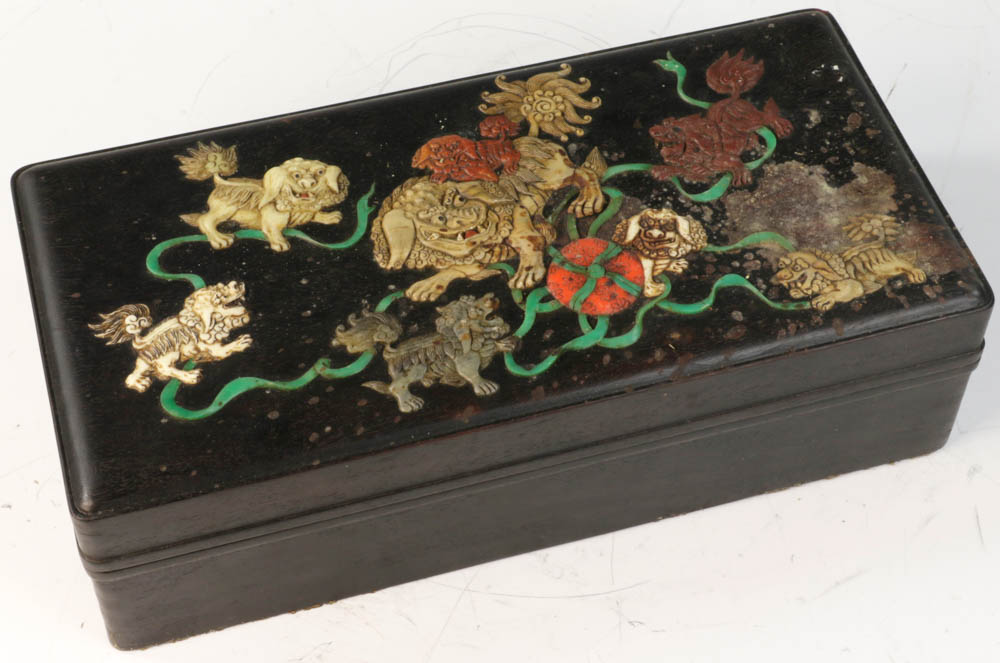 Chinese Zitan box mounted with jade and soapstone figure, 3 1/2" x 12 1/2" x 6 1/8". - Image 5 of 9