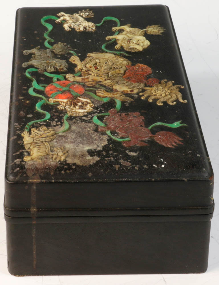 Chinese Zitan box mounted with jade and soapstone figure, 3 1/2" x 12 1/2" x 6 1/8". - Image 4 of 9