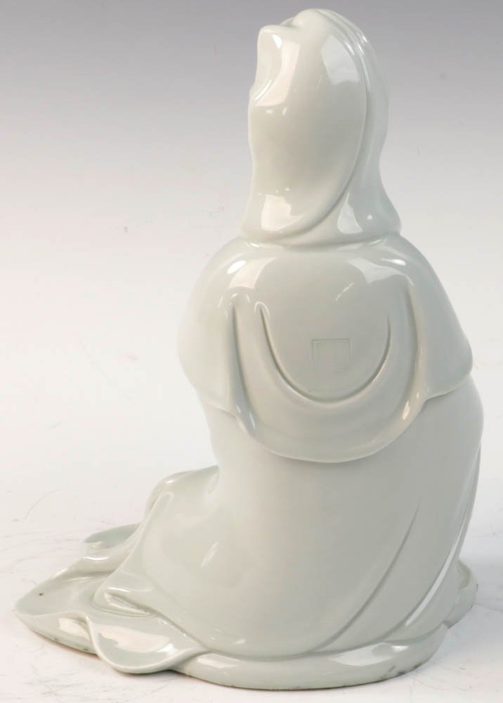 Chinese white porcelain sitting Guanyin figure holding a ruyi, 10 1/2"h. - Image 4 of 7