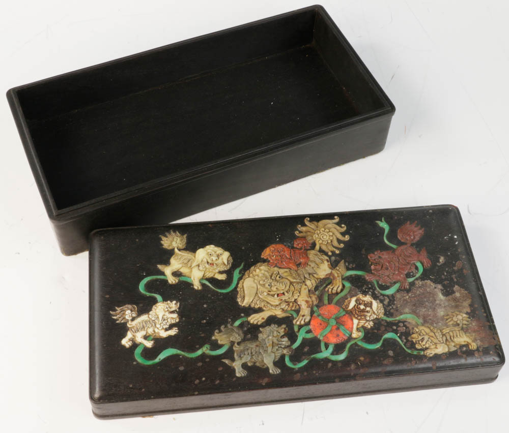 Chinese Zitan box mounted with jade and soapstone figure, 3 1/2" x 12 1/2" x 6 1/8". - Image 8 of 9