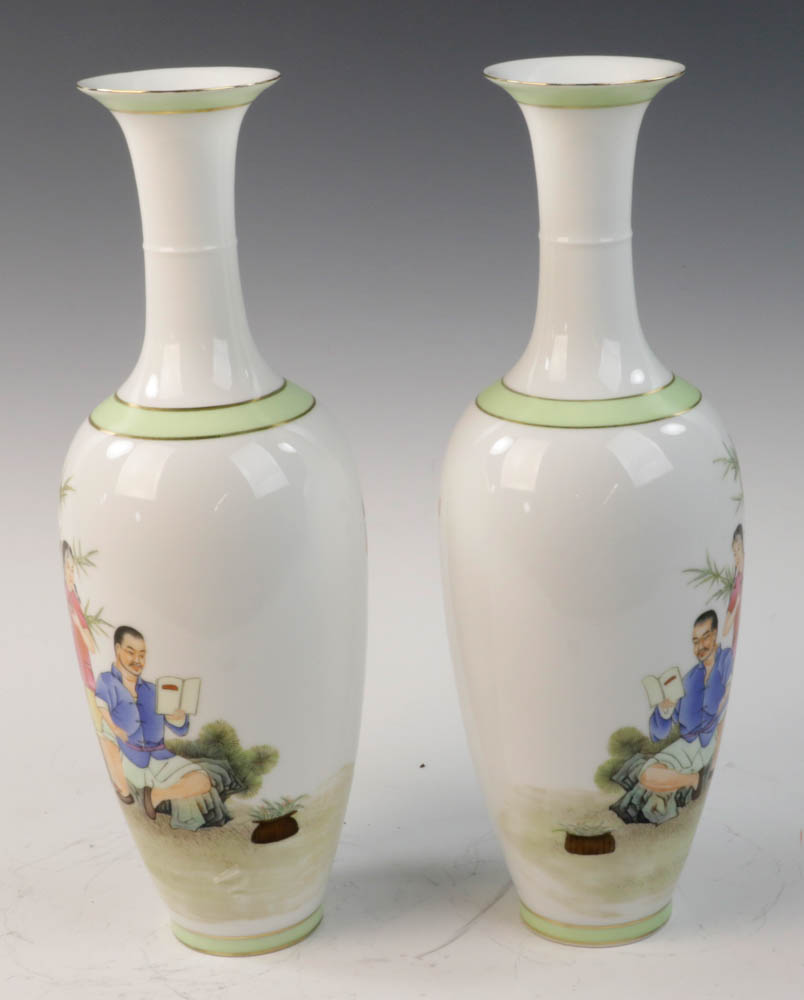 Pair of Chinese eggshell porcelain vases with Chinese figures and red seal mark on base, 14 1/4"h. - Image 2 of 8