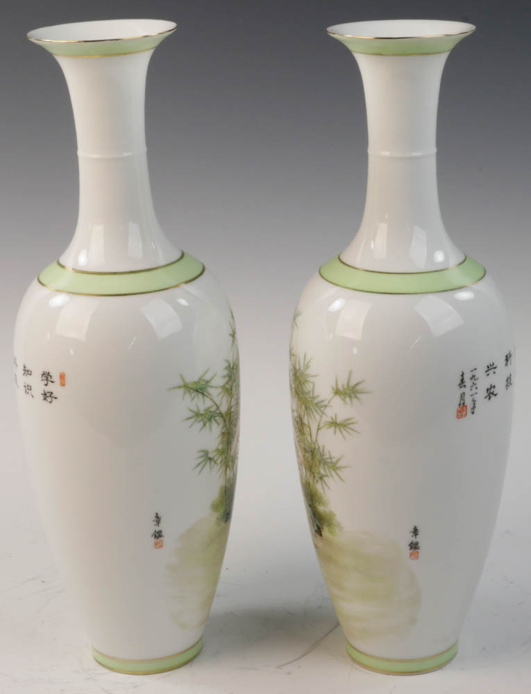 Pair of Chinese eggshell porcelain vases with Chinese figures and red seal mark on base, 14 1/4"h. - Image 4 of 8