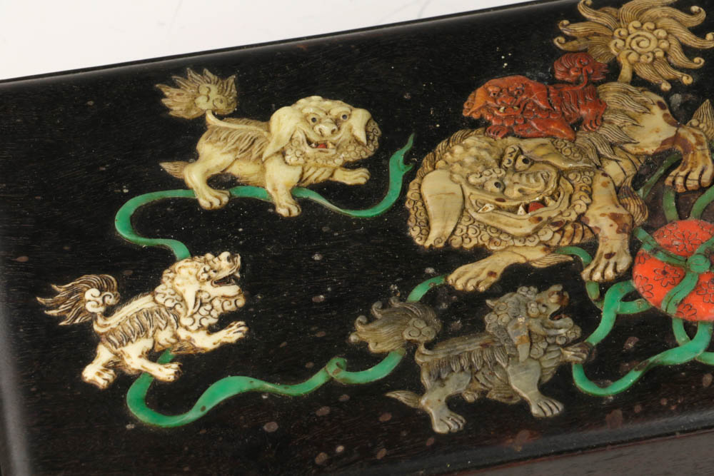 Chinese Zitan box mounted with jade and soapstone figure, 3 1/2" x 12 1/2" x 6 1/8". - Image 6 of 9