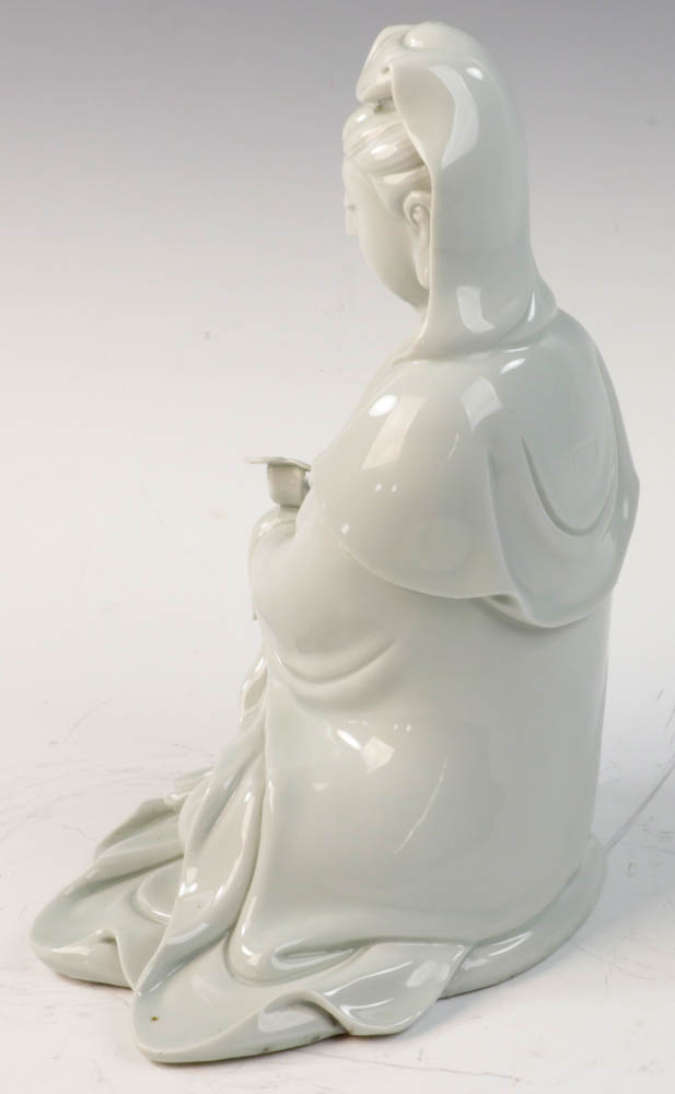 Chinese white porcelain sitting Guanyin figure holding a ruyi, 10 1/2"h. - Image 3 of 7