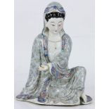 Chinese later 19th C. Famille Rose porcelain Guanyin figure, crossed legs sitting shape, 10"h.