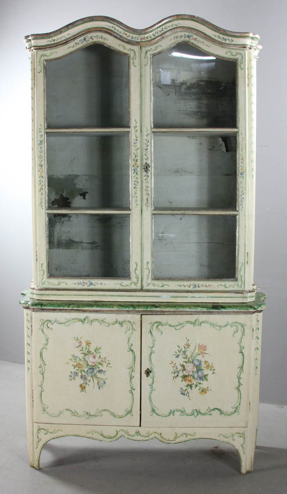 19thC Antique Italian Venetian paint-decorated china cabinet, two part, 86" H x 50" L x 14" W. - Image 5 of 6