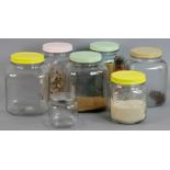 Group of seven glass storage containers with screw-on lids, with miscellaneous items. Provenance: