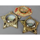 Collection of three vintage shell art souvenir pieces, two star-shaped, 9 1/4" diameter overall.