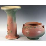 Roseville 'Columbine' pattern jardiniere with stand, jardiniere 8" H x 12 1/4" diameter, marked