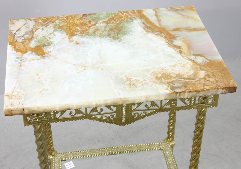 19th century French two-tiered stand, brass with marble top, 29 1/2" H x 20" W x 14 1/2" D. - Image 6 of 7