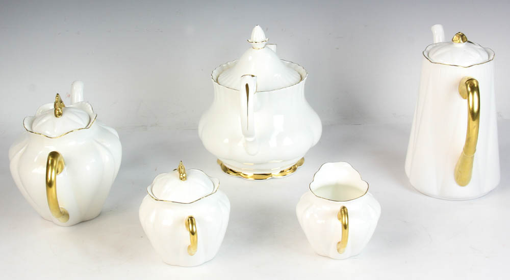 English Shelley tea set, ivory color with gold rim, with a Royal Albert teapot. Five (5) pieces - Image 2 of 6