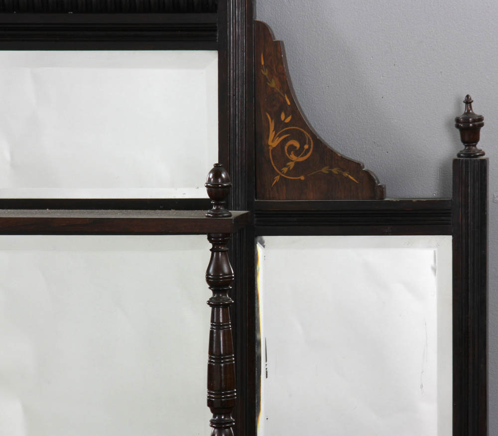 English Edwardian inlaid wall shelf with beveled glass mirrors, 48" x 44". Provenance: Hingham, - Image 3 of 6