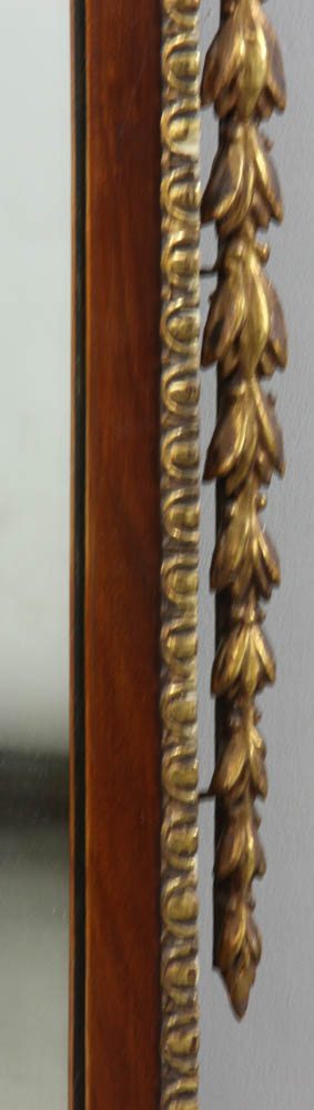 19th century looking glass with flame finial urn and drape crest, 46" H x 20" W. Replaced glass. - Image 4 of 5