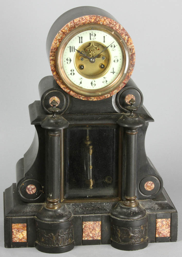 19th century marble mantle clock, 17" x 13". Provenance: Hingham, Massachusetts estate.