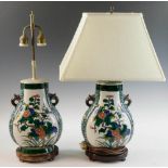 Pair of Chinese Famille Verte porcelain lamps, 27" H x 9" W. Provenance: Lake Park, Florida estate.