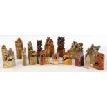 17 carved Chinese stone seals, carvings include dragons, Buddhas, people, foo dogs, and more,