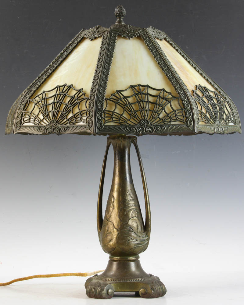 Slag glass lamp, 22 3/4" H x 19" diameter. Provenance: Wilmington, Massachusetts estate. - Image 5 of 5